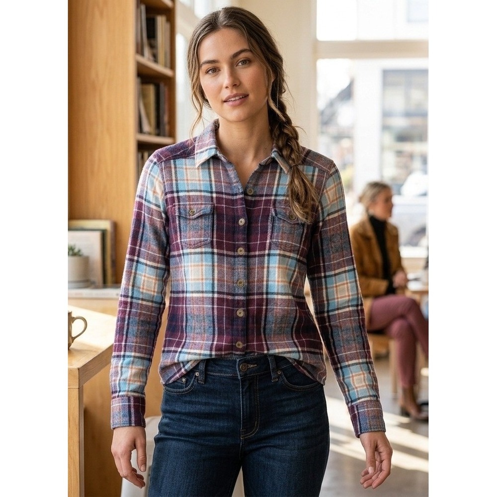 Aventura‎ Flannel Plaid Long Sleeve Button Down Shirt Women's M Preppy Viscose